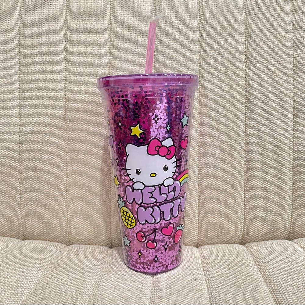 Sanrio Hello Kitty Pink Glitter Confetti Tumbler with Straw Double Wall Acrylic‎